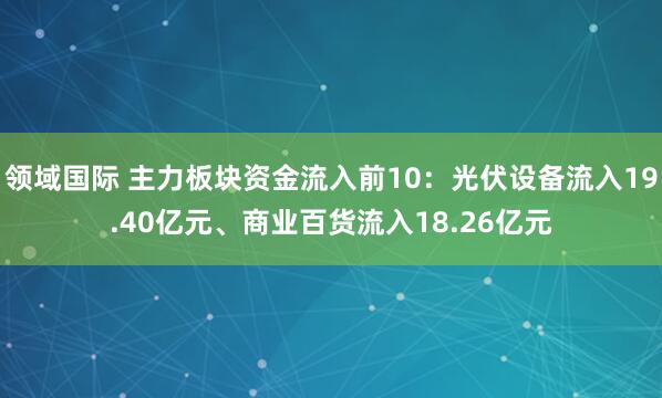 领域国际 主力板块资金流入前10：光伏设备流入19.40亿元、商业百货流入18.26亿元
